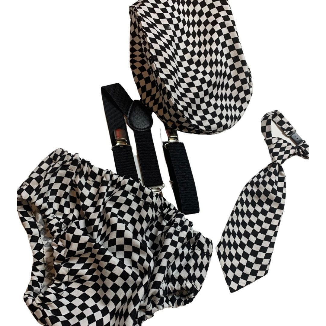 First Birthday Cake Smash Outfit Racing car White Black racing Car checkered Diaper Cover neck Tie for Baby Boy racing cake smash