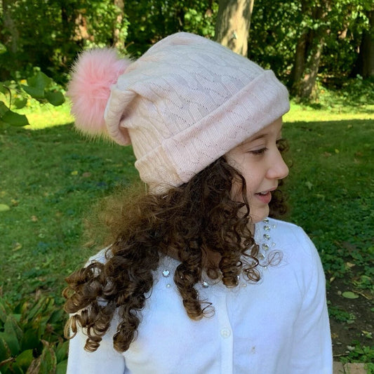 Pink Pompom hat, Slouchy Winter Hat, Pink Knit Hat with cable design, Slouchy Knit Beanie Hat, Knit Wool Hat Pink