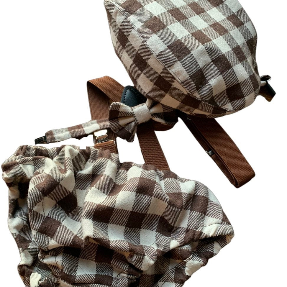 Brown checkered sitter set - baby boy photo prop - baby clothes - vintage style - flat cap - cake smash outfit