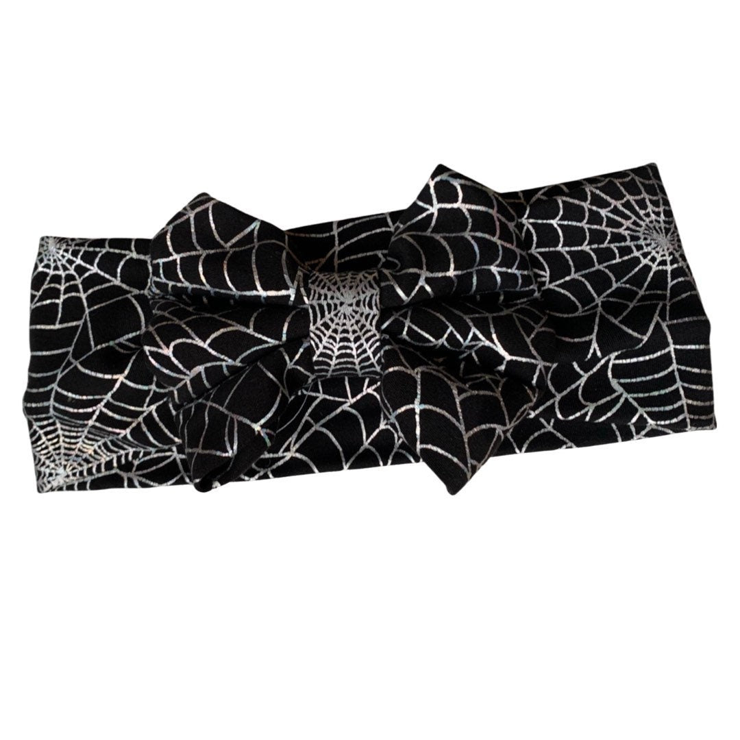 Halloween BIG bow Nylon Head wrap, black spiderweb Bow Headband. Baby girl, newborn, Toddler Headwrap wide headband,