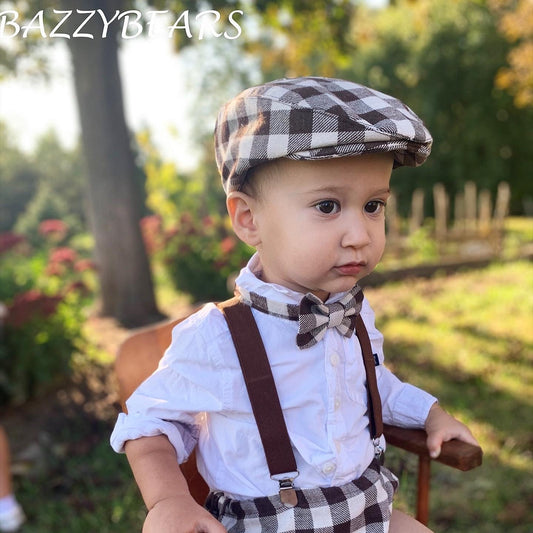 Brown checkered sitter set - baby boy photo prop - baby clothes - vintage style - flat cap - cake smash outfit
