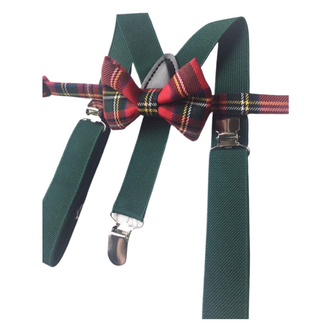 Royal Stewart Tartan Suspenders Bowtie, Red Plaid Bow Tie and Braces, Green Braces and Bow Tie, Christmas Photo Prop Boy Suspenders Bowtie