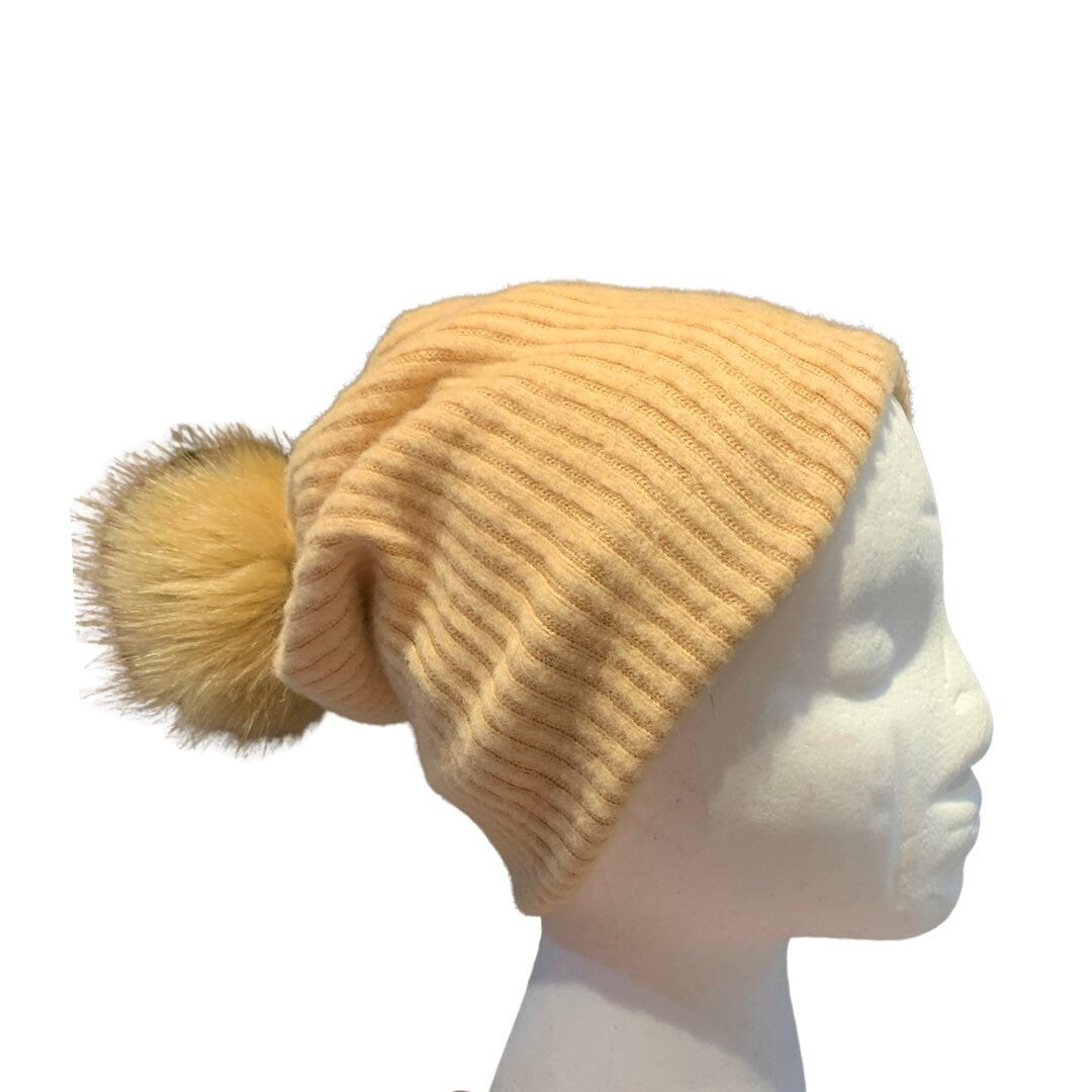 Knit Pompom Hat - Beige ribbed Beanie with Pom Pom - Winter Hat with Pompom - Beige Knitted Toque - Pompom Beanie Hat - Beige Knitted Hat
