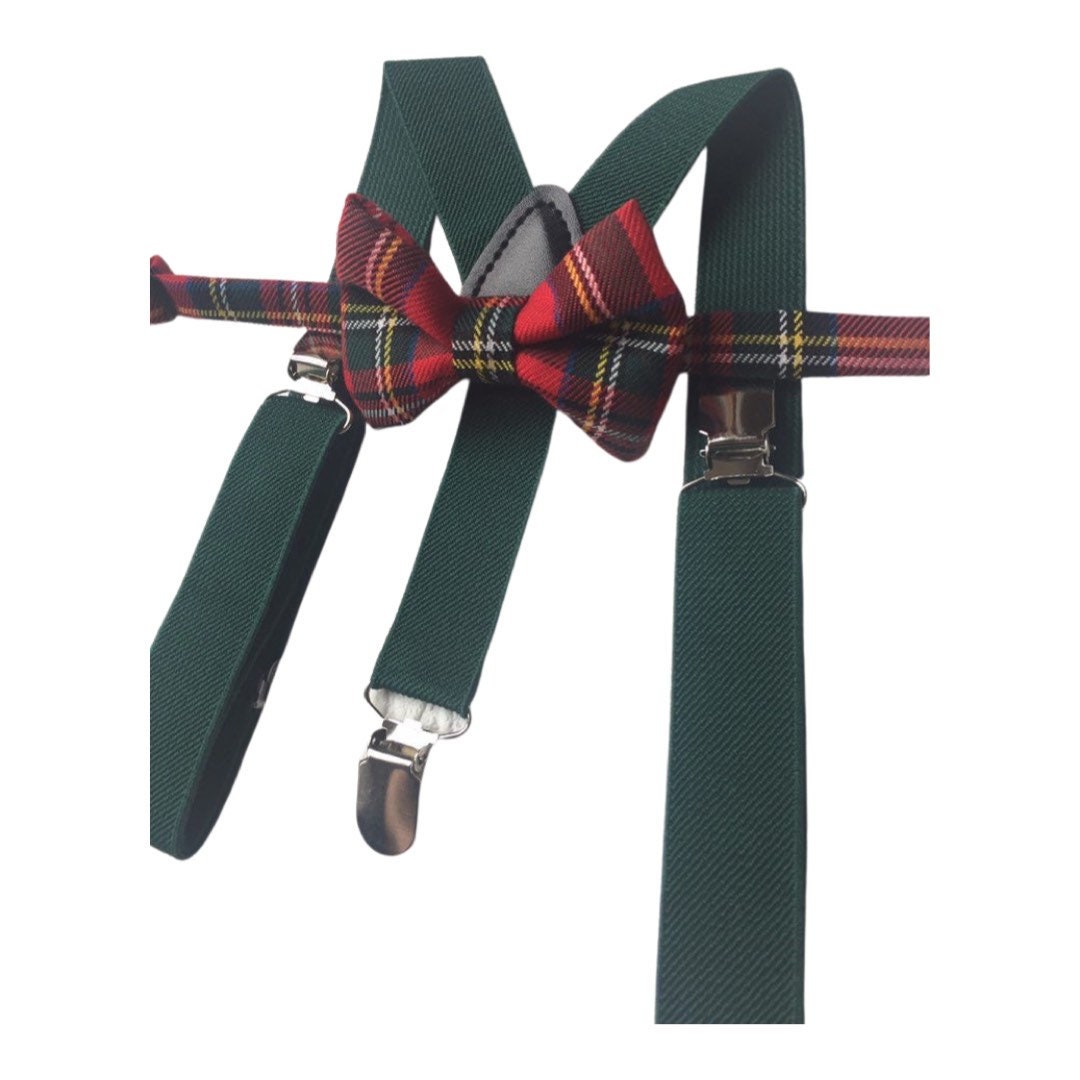 Royal Stewart Tartan Suspenders Bowtie, Red Plaid Bow Tie and Braces, Green Braces and Bow Tie, Christmas Photo Prop Boy Suspenders Bowtie