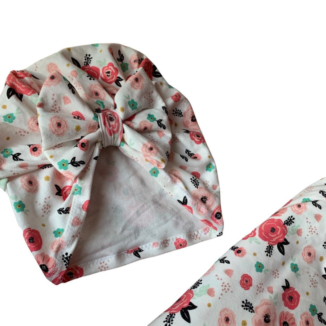 Swaddle Set in Garden Floral with Bow Turban, bow Hat & Bow Headbands set stretchy soft vintage bamboo cotton baby girl summer winter