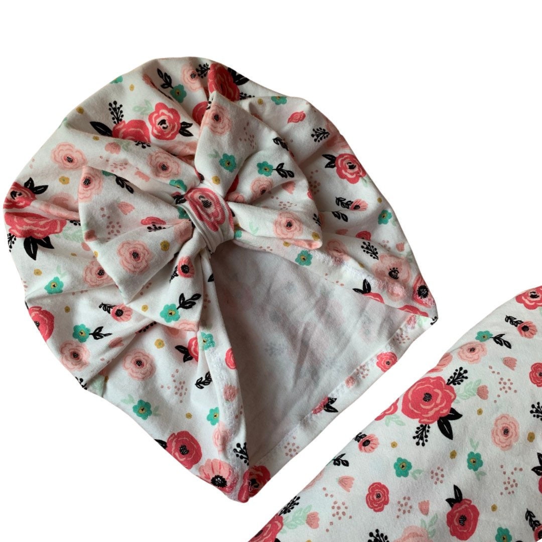 Swaddle Set in Garden Floral with Bow Turban, bow Hat & Bow Headbands set stretchy soft vintage bamboo cotton baby girl summer winter