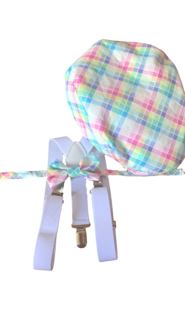 Easter Outfit for Boys with hat, suspenders, bow tie in plaid rainbow print