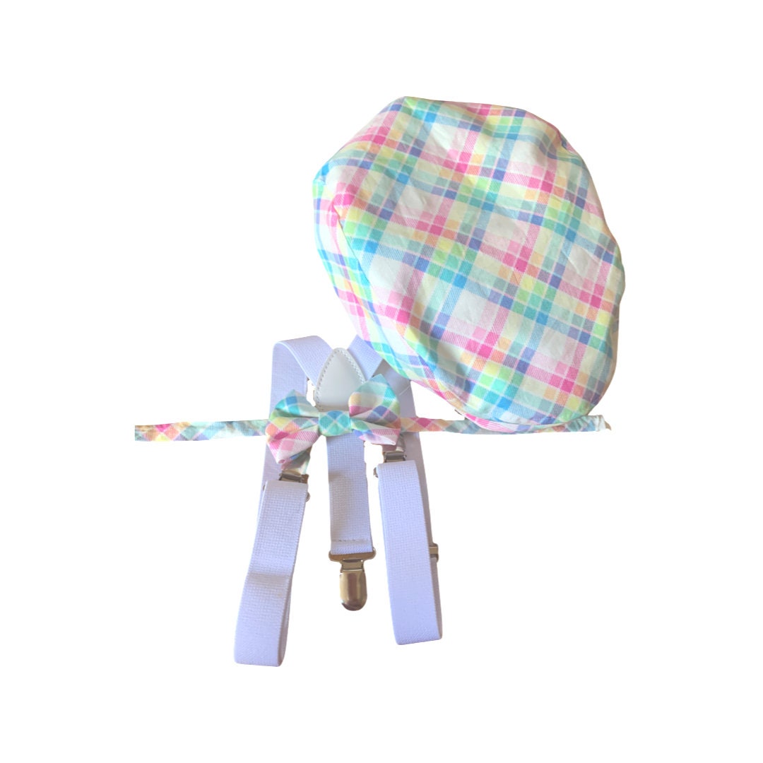 Easter Outfit for Boys with hat, suspenders, bow tie in plaid rainbow print