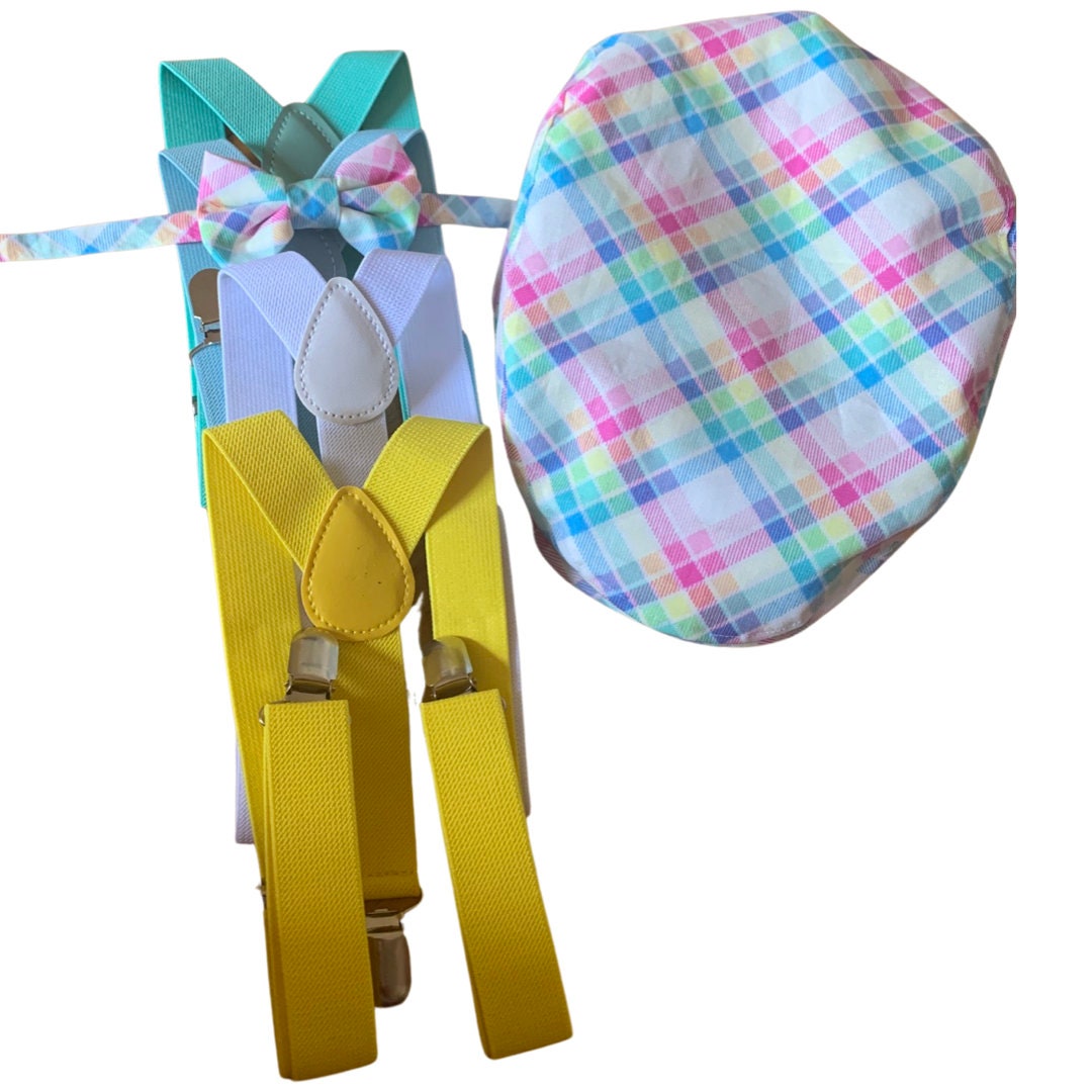 Easter Outfit for Boys with hat, suspenders, bow tie in plaid rainbow print