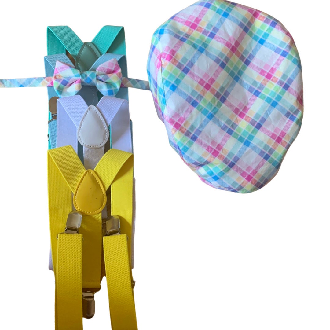 Easter Outfit for Boys with hat, suspenders, bow tie in plaid rainbow print