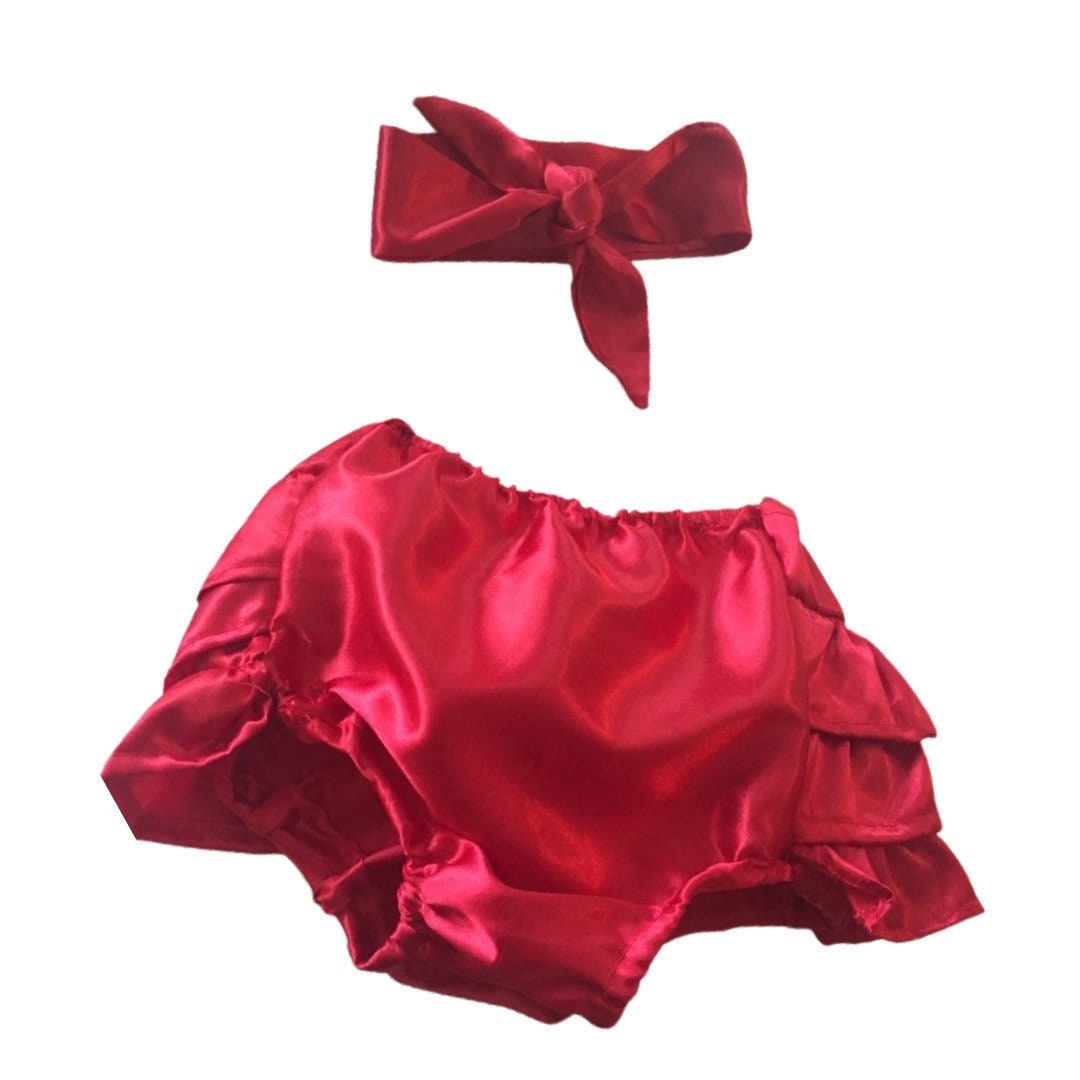 Red satin ruffle diaper cover, red baby bloomers, infant girl valentine's day outfit, Baby girl clothing, 1st birthday, baby headband