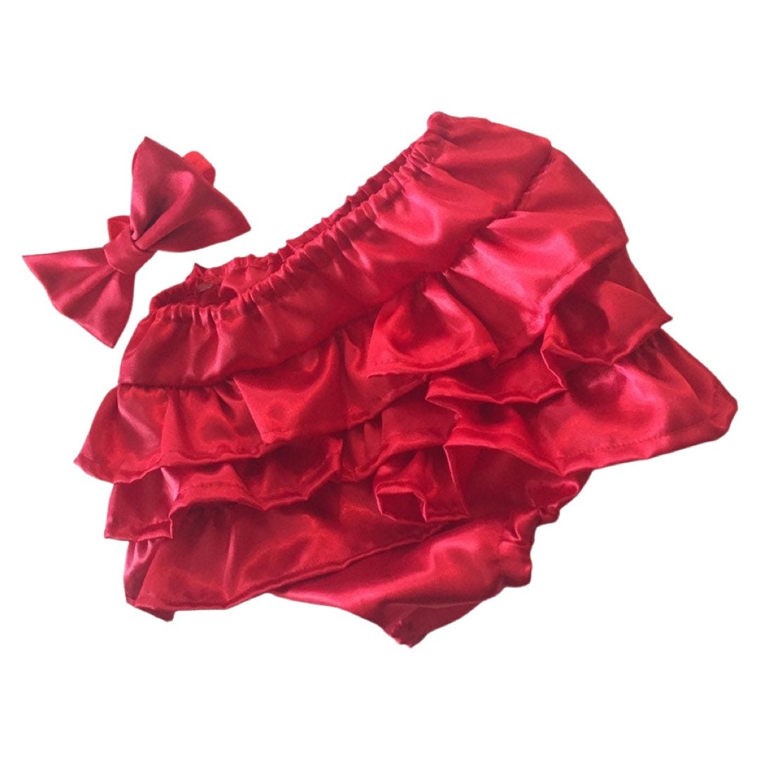 Red satin ruffle diaper cover, red baby bloomers, infant girl valentine's day outfit, Baby girl clothing, 1st birthday, baby headband