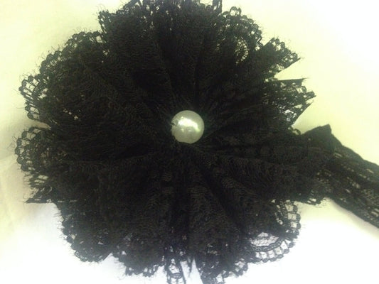 Black flower headband, black headband, black baby headband, classic baby headband, pearl baby headband, lace headband, fluffy baby headband